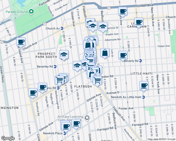 map of restaurants, bars, coffee shops, grocery stores, and more near 420 East 21st Street in Brooklyn