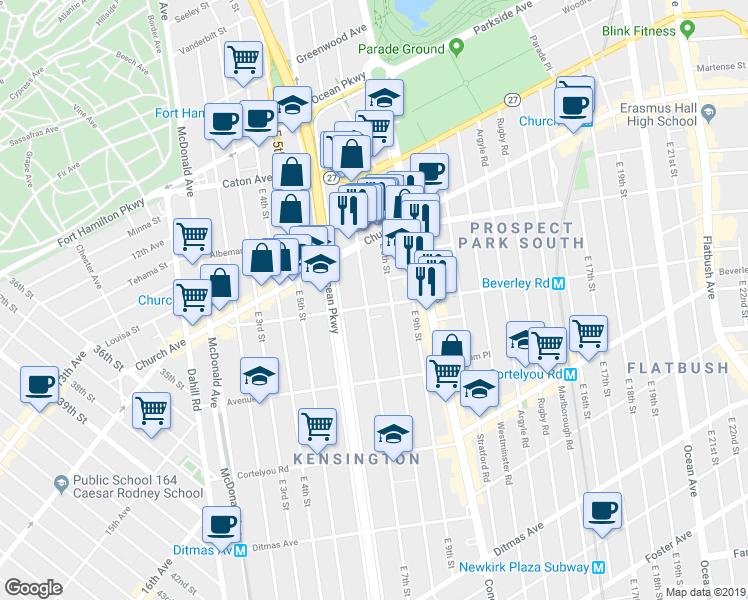 map of restaurants, bars, coffee shops, grocery stores, and more near 327 East 7th Street in Brooklyn