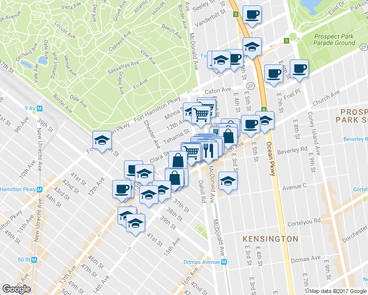 map of restaurants, bars, coffee shops, grocery stores, and more near 28 Clara Street in Brooklyn