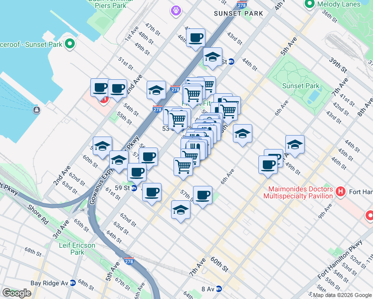 map of restaurants, bars, coffee shops, grocery stores, and more near 5304-5308 5th Avenue in Brooklyn