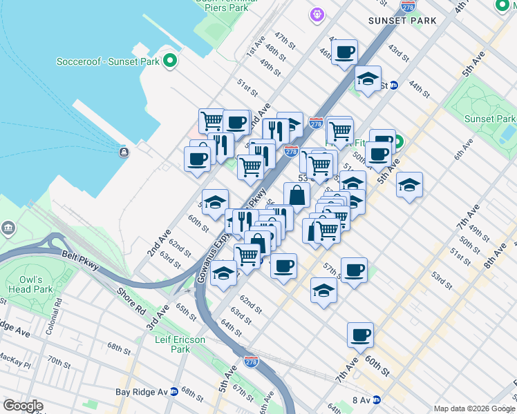 map of restaurants, bars, coffee shops, grocery stores, and more near 323 56th Street in Brooklyn