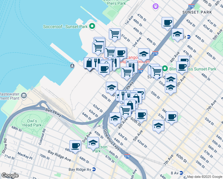 map of restaurants, bars, coffee shops, grocery stores, and more near 241 58th Street in Brooklyn