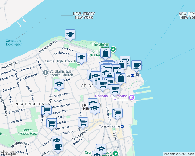 map of restaurants, bars, coffee shops, grocery stores, and more near 34 Academy Place in Staten Island