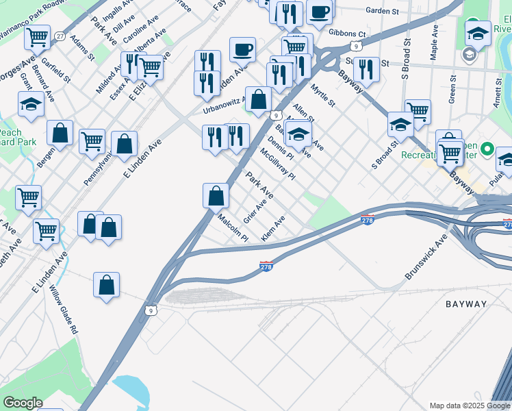 map of restaurants, bars, coffee shops, grocery stores, and more near 706 Worth Avenue in Linden