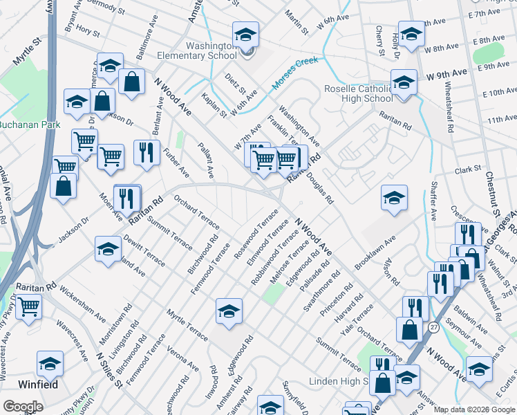 map of restaurants, bars, coffee shops, grocery stores, and more near in Linden