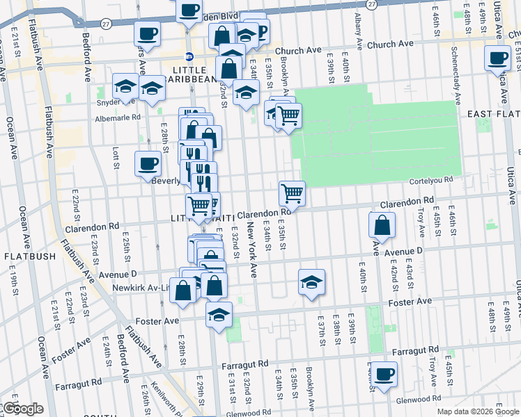 map of restaurants, bars, coffee shops, grocery stores, and more near 1191 New York Avenue in Brooklyn