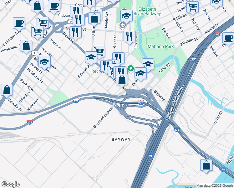map of restaurants, bars, coffee shops, grocery stores, and more near 722 McKinley Street in Elizabeth