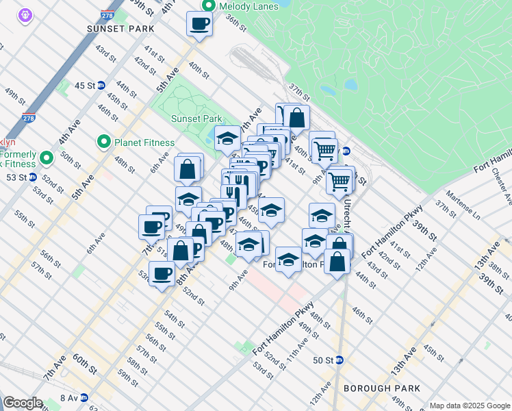 map of restaurants, bars, coffee shops, grocery stores, and more near 832 44th Street in Brooklyn