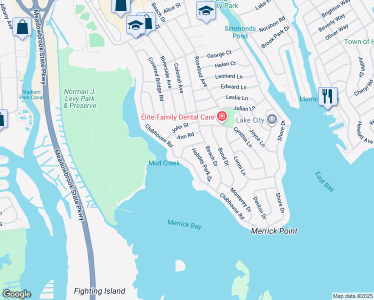 map of restaurants, bars, coffee shops, grocery stores, and more near 1732 Alexis Road in Merrick