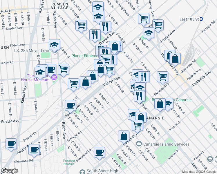 map of restaurants, bars, coffee shops, grocery stores, and more near 518 East 88th Street in Brooklyn