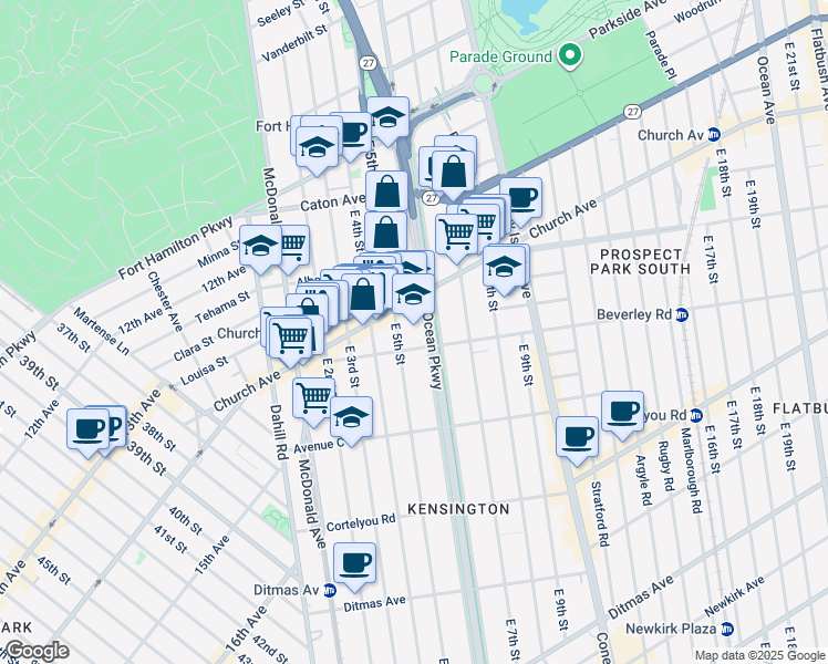 map of restaurants, bars, coffee shops, grocery stores, and more near 240 Ocean Parkway in Brooklyn
