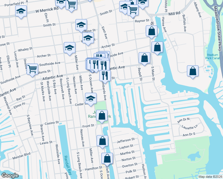 map of restaurants, bars, coffee shops, grocery stores, and more near 148 Sportsmans Avenue in Freeport