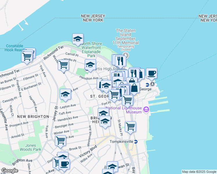 map of restaurants, bars, coffee shops, grocery stores, and more near 63 Wall Street in Staten Island