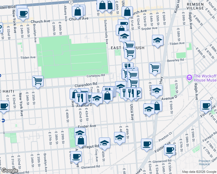 map of restaurants, bars, coffee shops, grocery stores, and more near 704 East 46th Street in Brooklyn