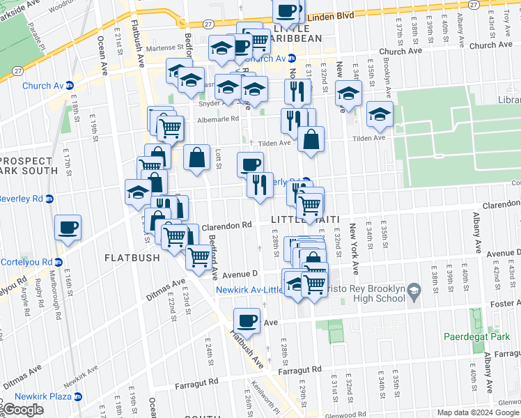 map of restaurants, bars, coffee shops, grocery stores, and more near 1079 Rogers Avenue in Brooklyn