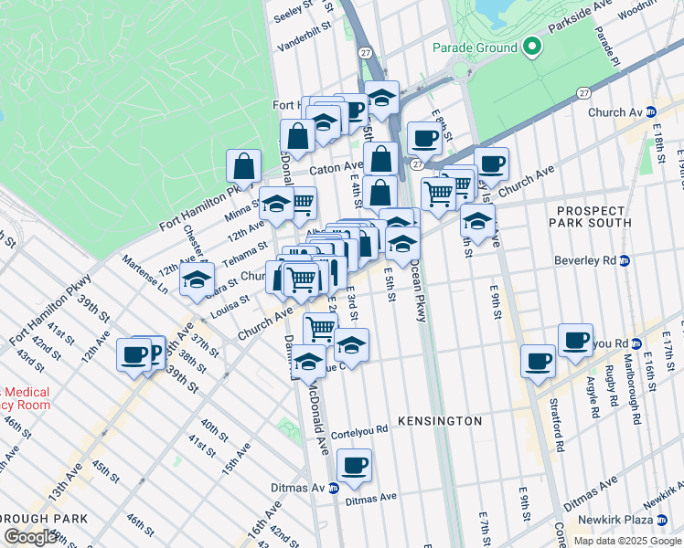 map of restaurants, bars, coffee shops, grocery stores, and more near 312 East 2nd Street in Brooklyn