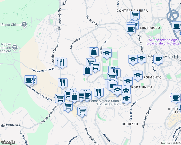 map of restaurants, bars, coffee shops, grocery stores, and more near 38 Via Parigi in Potenza