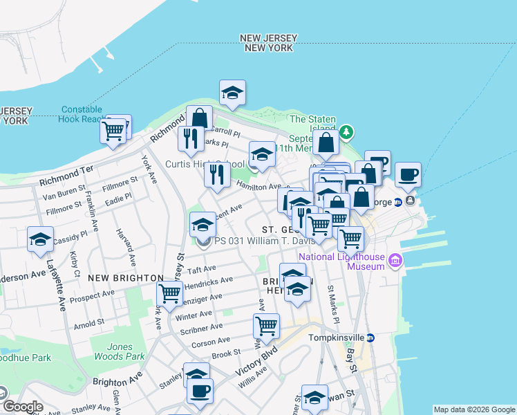 map of restaurants, bars, coffee shops, grocery stores, and more near 1 Belmont Place in Staten Island