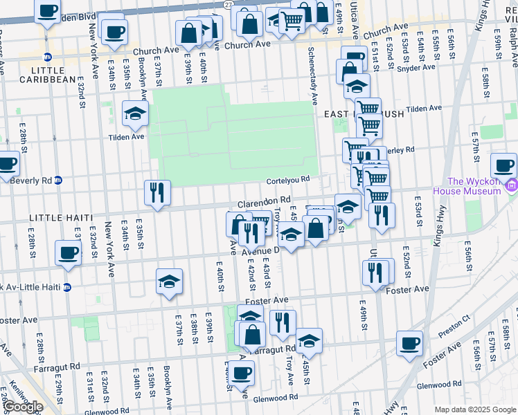 map of restaurants, bars, coffee shops, grocery stores, and more near 4222 Clarendon Road in Brooklyn
