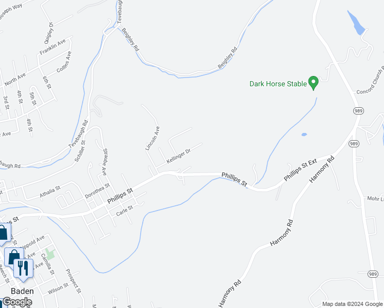 map of restaurants, bars, coffee shops, grocery stores, and more near 1134 Kellinger Drive in Baden