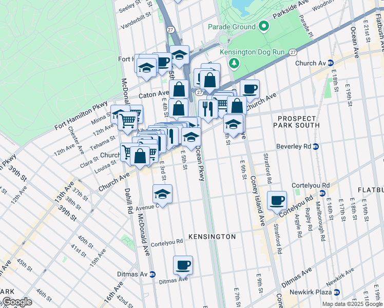 map of restaurants, bars, coffee shops, grocery stores, and more near 240 Ocean Parkway in Brooklyn