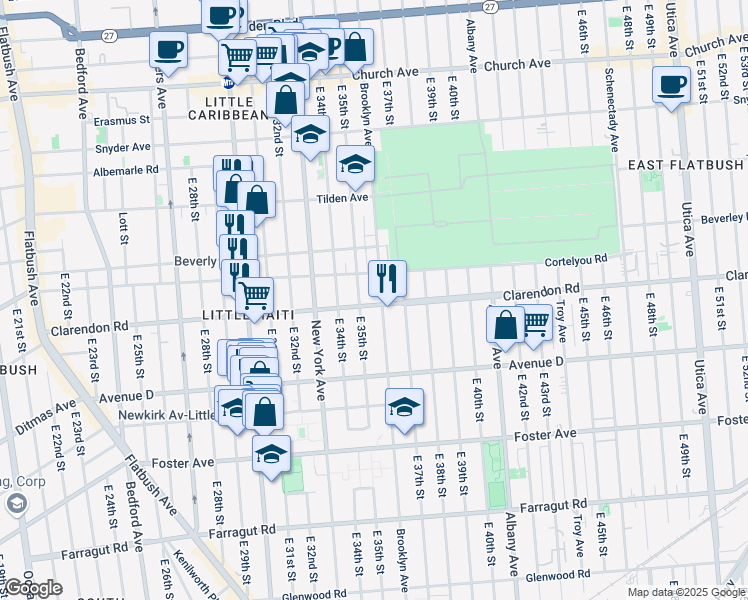 map of restaurants, bars, coffee shops, grocery stores, and more near 3519 Clarendon Road in Brooklyn