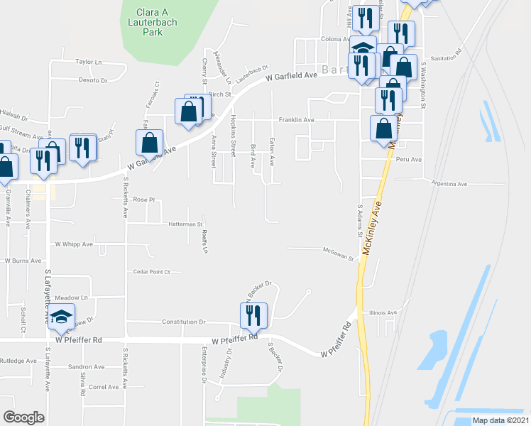map of restaurants, bars, coffee shops, grocery stores, and more near 428 Bird Avenue in Peoria
