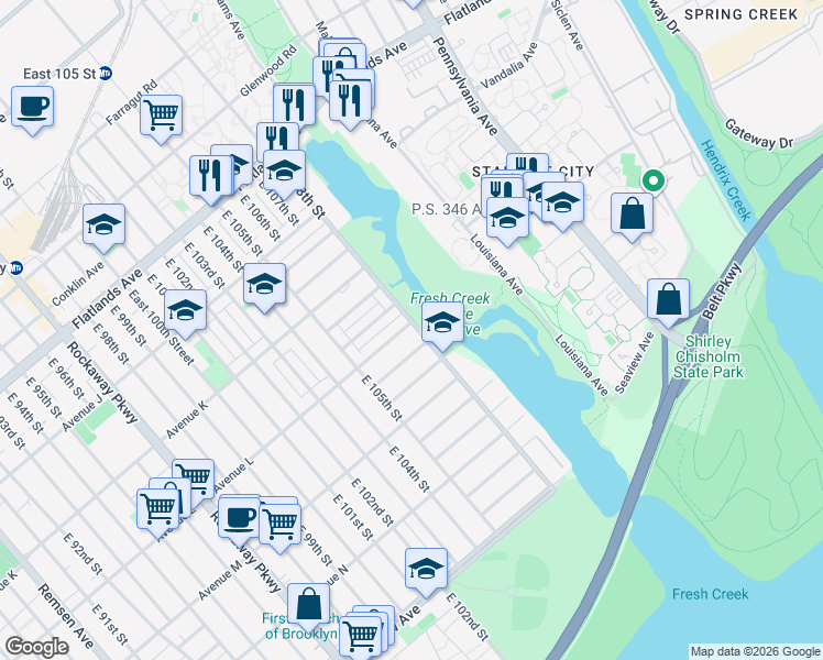 map of restaurants, bars, coffee shops, grocery stores, and more near 10578 Avenue L in Brooklyn