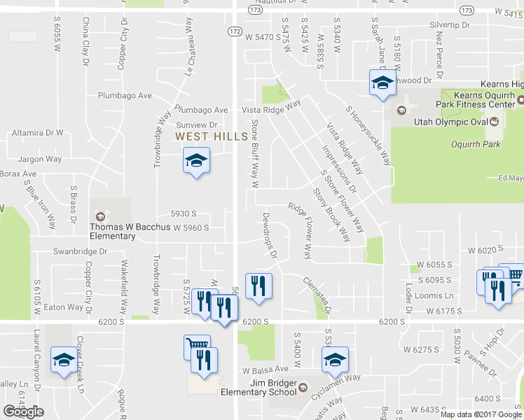 map of restaurants, bars, coffee shops, grocery stores, and more near 5533 Ridge Flower Way in Kearns