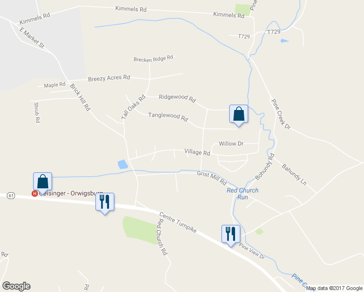 map of restaurants, bars, coffee shops, grocery stores, and more near 2402 Village Road in Orwigsburg