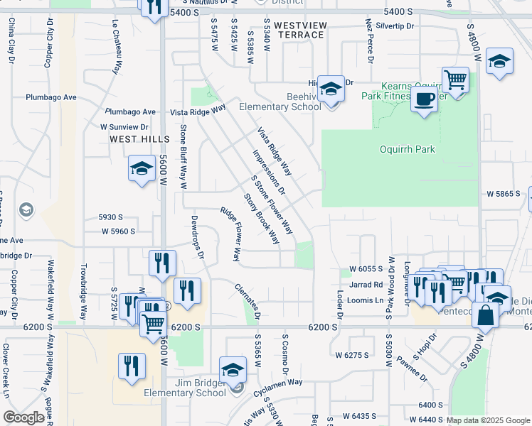map of restaurants, bars, coffee shops, grocery stores, and more near 5343 Ridge Brook Way South in Kearns