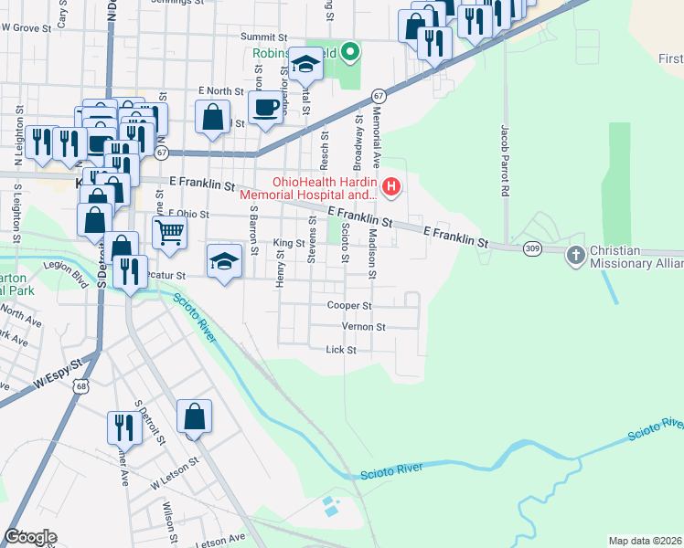 map of restaurants, bars, coffee shops, grocery stores, and more near 345 Scioto Street in Kenton