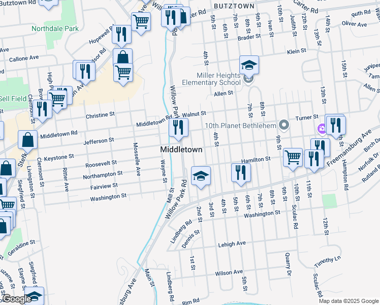 map of restaurants, bars, coffee shops, grocery stores, and more near 1929 2nd Street in Bethlehem