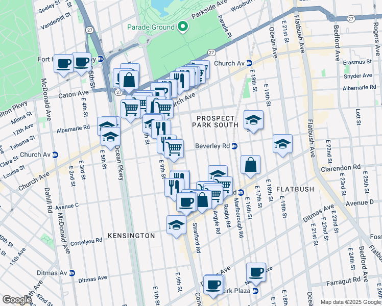 map of restaurants, bars, coffee shops, grocery stores, and more near 1113 Beverley Road in Brooklyn
