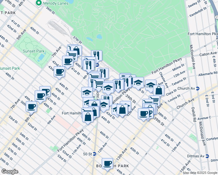 map of restaurants, bars, coffee shops, grocery stores, and more near 1021 40th Street in Brooklyn