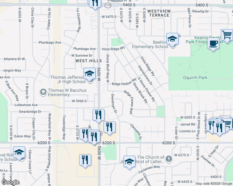 map of restaurants, bars, coffee shops, grocery stores, and more near 5476 Ridge Flower Way in Kearns