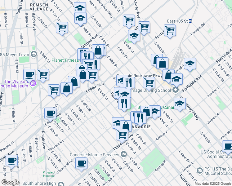 map of restaurants, bars, coffee shops, grocery stores, and more near 1023 Remsen Avenue in Brooklyn