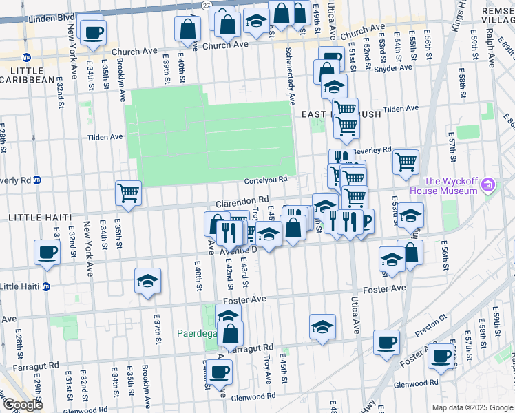 map of restaurants, bars, coffee shops, grocery stores, and more near 4410 Clarendon Road in Brooklyn