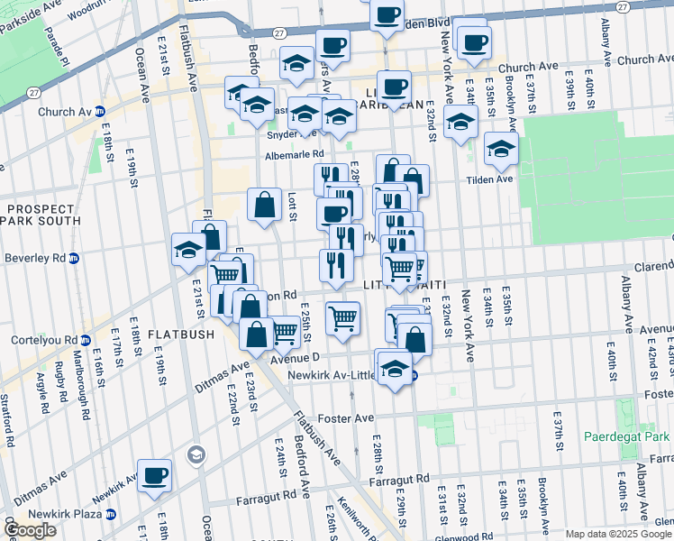 map of restaurants, bars, coffee shops, grocery stores, and more near 1069 Rogers Avenue in Brooklyn