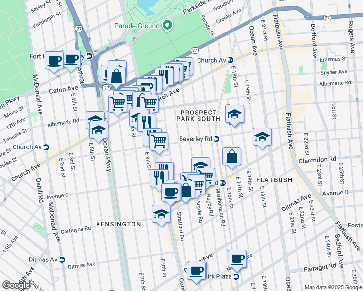 map of restaurants, bars, coffee shops, grocery stores, and more near 1113 Beverley Road in Brooklyn