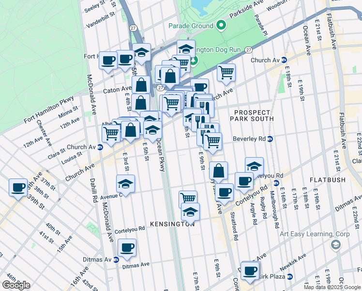 map of restaurants, bars, coffee shops, grocery stores, and more near 327 East 7th Street in Brooklyn