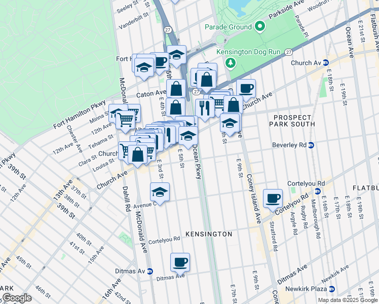 map of restaurants, bars, coffee shops, grocery stores, and more near 421 Church Avenue in Brooklyn