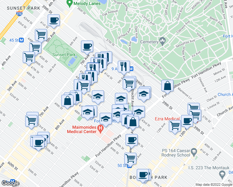 map of restaurants, bars, coffee shops, grocery stores, and more near 902 42nd Street in Brooklyn
