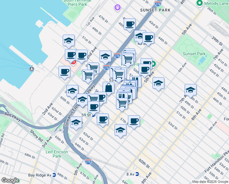 map of restaurants, bars, coffee shops, grocery stores, and more near 404B 54th Street in Brooklyn