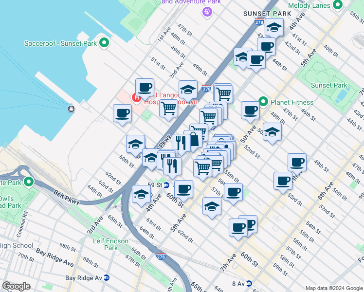 map of restaurants, bars, coffee shops, grocery stores, and more near 359 55th Street in Brooklyn