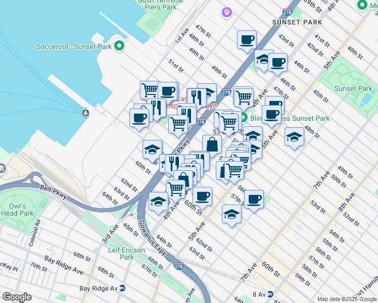 map of restaurants, bars, coffee shops, grocery stores, and more near 323 56th Street in Brooklyn