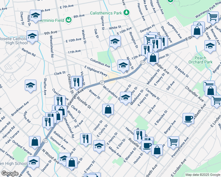 map of restaurants, bars, coffee shops, grocery stores, and more near 1412 McCandless Street in Linden