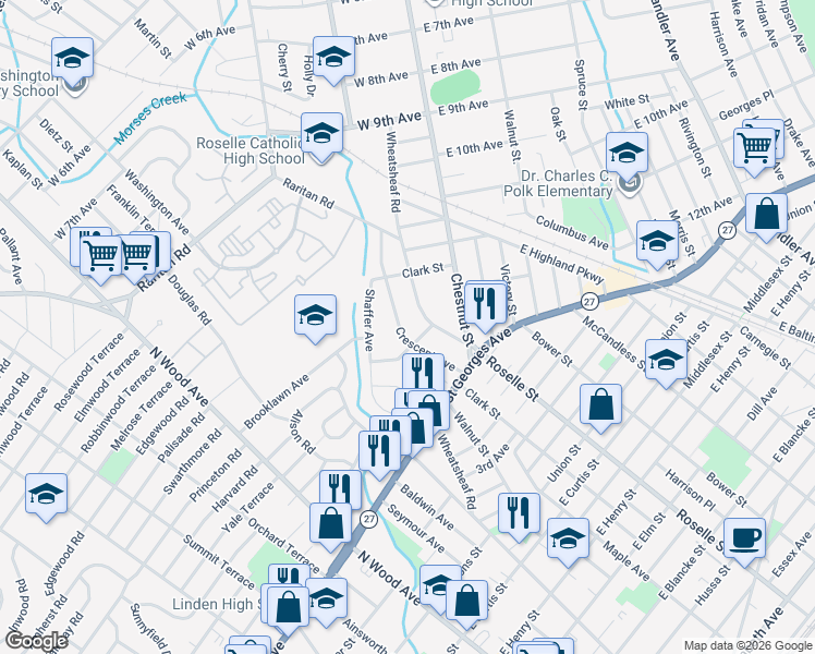 map of restaurants, bars, coffee shops, grocery stores, and more near 1281 Crescent Avenue in Roselle