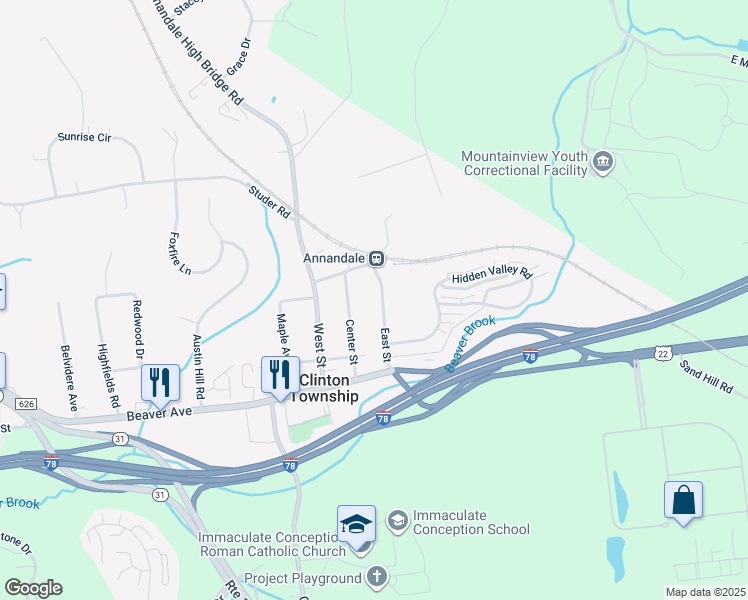 map of restaurants, bars, coffee shops, grocery stores, and more near 38 East Street in Hunterdon County