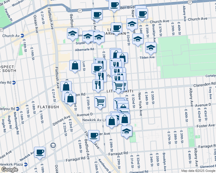 map of restaurants, bars, coffee shops, grocery stores, and more near 251 East 28th Street in Brooklyn